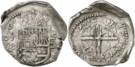 16Z1. Felipe III. Toledo. P. 8 reales. Ac. 992). 27,09 g. El 2 de la fecha como Z. en la separación de leyendas. Cinco flores de lis en las armas de B...