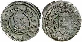 1662. Felipe IV. Madrid. S. 16 maravedís. (AC. 470 var). 3,83 g. Ceca vertical, último dígito de la fecha girado y valor girado. Rara. MBC+.