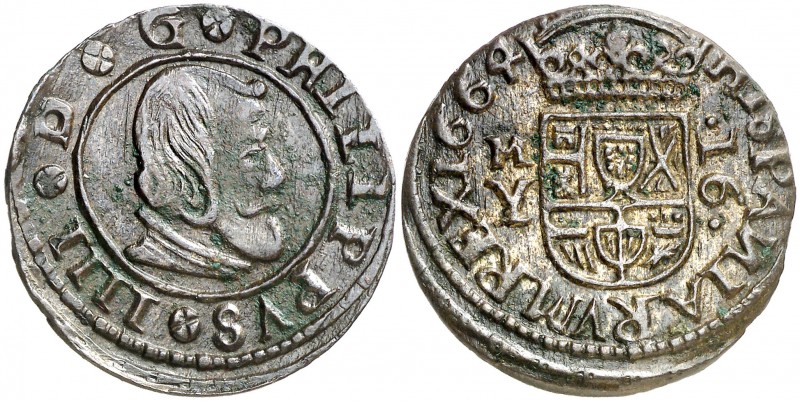 1664. Felipe IV. M (Madrid). Y. 16 maravedís. (AC. 481). 5,53 g. Atractiva. EBC-...