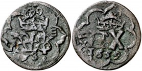 1659. Felipe IV. Sevilla. (AC. 523) (J.S. K-112). 5,68 g. Resello de valor 4 sobre 8 maravedís de Segovia, con resellos anteriores de 1641 y valor 12 ...