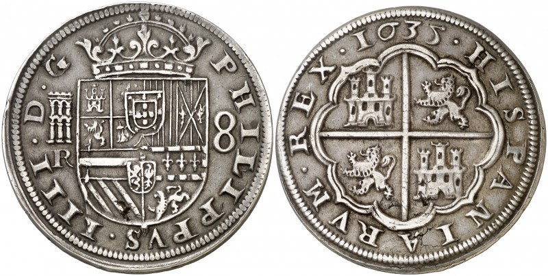 1635. Felipe IV. Segovia. R. 8 reales. (AC. 1606). 26,62 g. Mínimas hojitas. Rar...