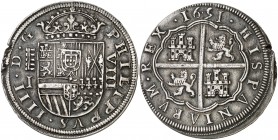 1651. Felipe IV. Segovia. I. 8 reales. (AC. 1615). 26,82 g. Punto en medio de la fecha. Defecto de acuñación en pequeña parte del canto. Rara. MBC+....