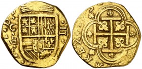 1632. Felipe IV. Cartagena de Indias. E. 2 escudos. (AC. 1764) (Tauler 119c) (Restrepo falta). 6,58 g. Flores fuera y dentro de los ángulos lobulares....