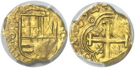 1654. Felipe IV. Santa Fe de Nuevo Reino. R. 2 escudos. (AC. 1811) (Tauler falta) (Restrepo M50-23). 6,73 g. En cápsula de la PCGS como MS64, nº 73487...