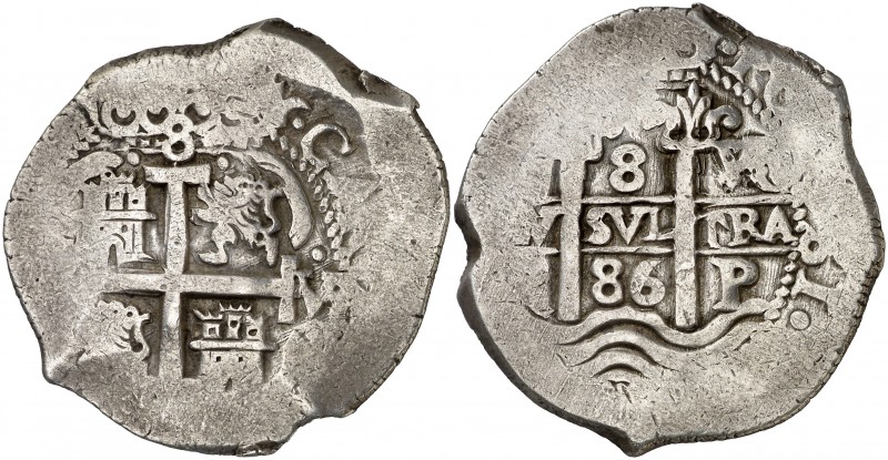 1686. Carlos II. Potosí. . 8 reales. (AC. 727). 27,47 g. MBC-.