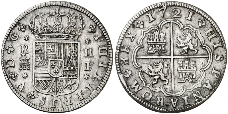 1721. Felipe V. Segovia. F. 2 reales. (AC. 954). 5,69 g. Ceca, valor y ensayador...