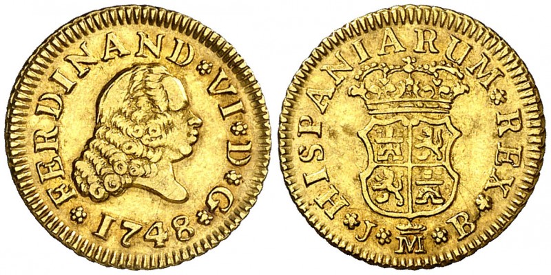 1748. Fernando VI. Madrid. JB. 1/2 escudo. (AC. 550). 1,78 g. Segundo busto. Atr...