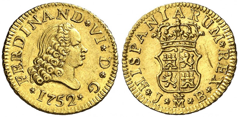 1752. Fernando VI. Madrid. JB. 1/2 escudo. (AC. 555). 1,76 g. Bella. Parte de br...