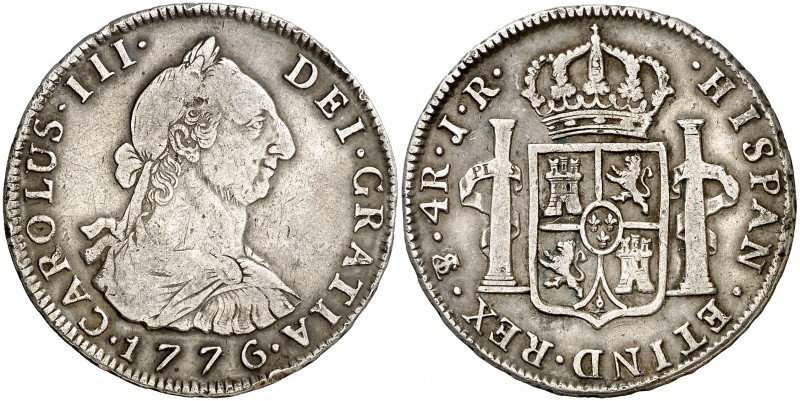 1776. Carlos III. Potosí. JR. 4 reales. (AC. 933). 13,28 g. Golpecito. Ex Colecc...