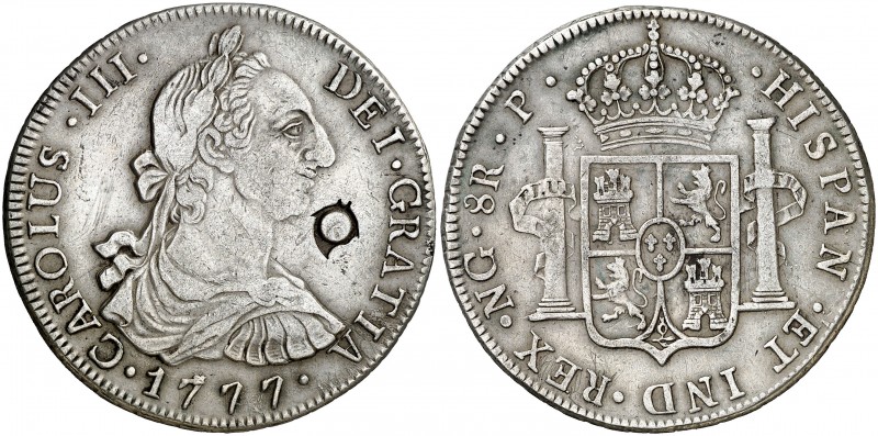 1777. Carlos III. Guatemala. P. 8 reales. (AC. 1009). 26,82 g. Contramarca indet...