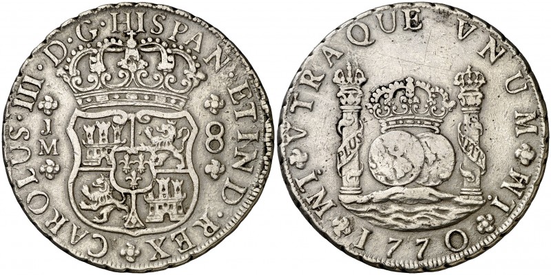 1770. Carlos III. Lima. JM. 8 reales. (AC. 1031). 26,82 g. Columnario. Punto sob...