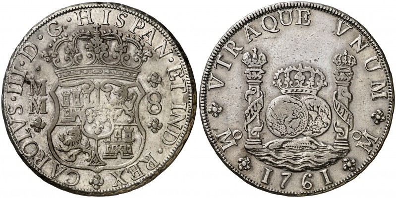 1761. Carlos III. México. MM. 8 reales. (AC. 1075). 26,70 g. Columnario. Cruz en...