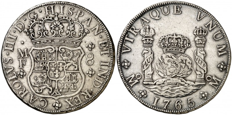 1765. Carlos III. México. MF. 8 reales. (AC. 1088). 26,93 g. Columnario. Leves m...