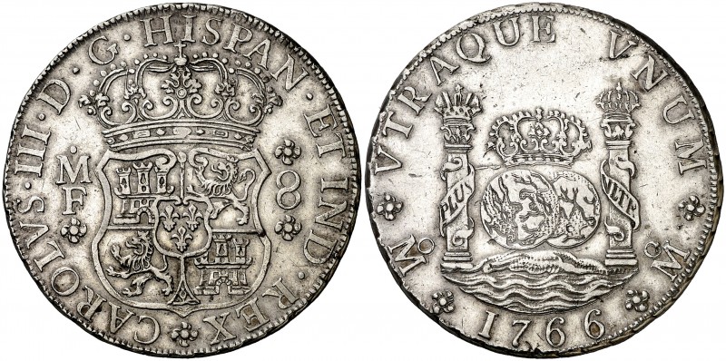 1766. Carlos III. México. MF. 8 reales. (AC. 1090). 27 g. Columnario. Leves marq...