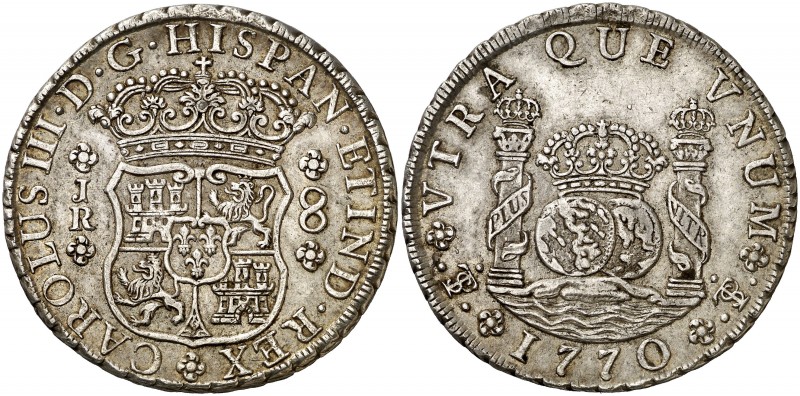 1770. Carlos III. Potosí. JR. 8 reales. (AC. 1168). 26,77 g. Columnario. Buen ej...