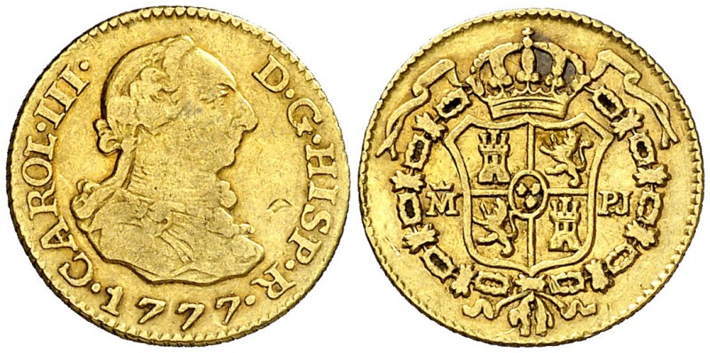 1777. Carlos III. Madrid. PJ. 1/2 escudo. (AC. 1266). 1,75 g. MBC-/MBC.