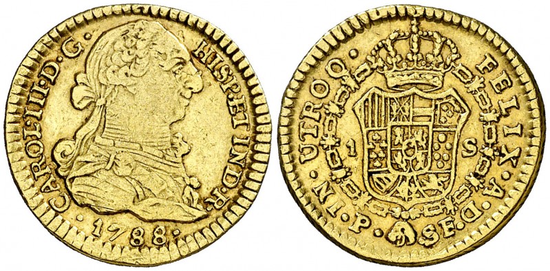 1788. Carlos III. Popayán. SF. 1 escudo. (AC. 1433) (Restrepo 54-34). 3,37 g. Go...