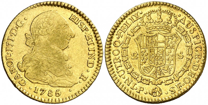 1785/4. Carlos III. Popayán. SF. 2 escudos. (AC. 1648) (Restrepo 62-27). 6,68 g....