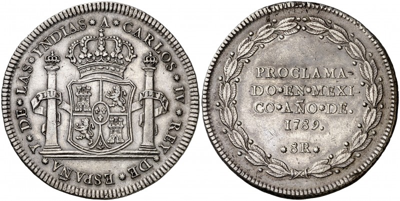 1789. Carlos IV. México. 8 reales. (AC. 947). 26,82 g. Medalla de proclamación c...