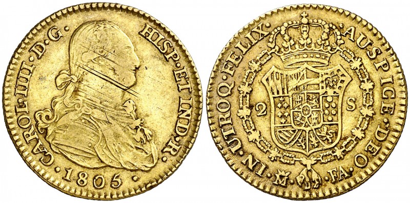 1805. Carlos IV. Madrid. FA. 2 escudos. (AC. 1312). 6,68 g. MBC-/MBC.