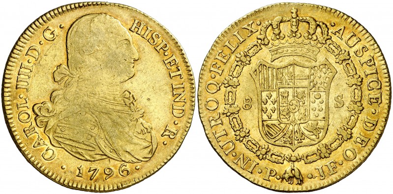 1796. Carlos IV. Popayán. JF. 8 escudos. (AC. 1668) (Cal.Onza 1059) (Restrepo 98...