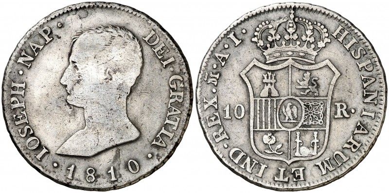 1810. José Napoleón. Madrid. AI. 10 reales. (AC. 26). 13,20 g. Rara. BC/BC+.