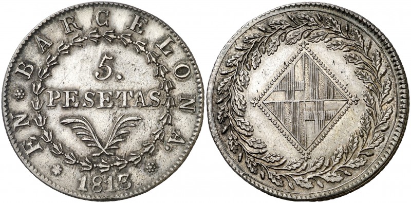 1813. Catalunya Napoleónica. Barcelona. 5 pesetas. (AC. 52). 26,86 g. Leves impu...