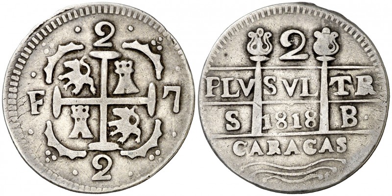 1818. Fernando VII. Caracas. SB. 2 reales. (AC. 730). 4,75 g. Leones y Castillos...