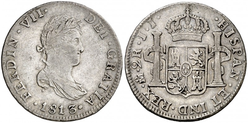 1813. Fernando VII. México. JJ. 2 reales. (AC. 869). 6,65 g. Pequeño vano. MBC-/...