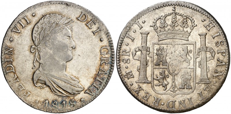 1818. Fernando VII. México. JJ. 8 reales. (AC. 1333). 26,96 g. Leves golpecitos....