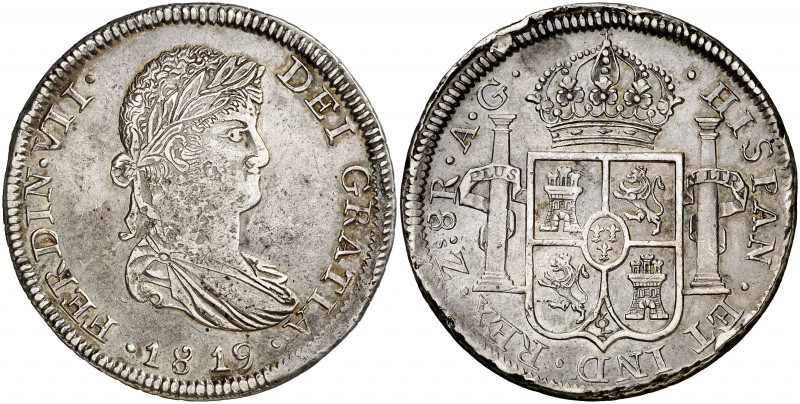 1819. Fernando VII. Zacatecas. AG. 8 reales. (AC. 1460.1). 26,06 g. Golpecitos. ...