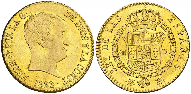 1822. Fernando VII. Madrid. SR. 80 reales. (AC. 1641). 6,67 g. Tipo "cabezón". P...