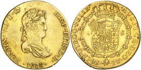 1813. Fernando VII. Lima. JP. 8 escudos. (AC. 1760) (Cal.Onza 1218). 26,95 g. Busto pequeño. Rayitas y hojitas. MBC/MBC+.