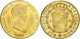 1820/19/1. Fernando VII. Madrid. GJ. 8 escudos. (AC. 1775.1) (Cal.Onza falta). 26,85 g. Rayita. Parte de brillo original. Rectificación muy rara. MBC+...