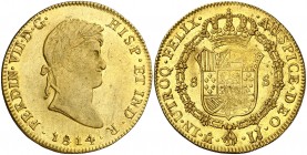 1814. Fernando VII. México. JJ. 8 escudos. (AC. 1788) (Cal.Onza 1261). 26,95 g. Primer año de busto laureado. Leves rayitas. Parte de brillo original....