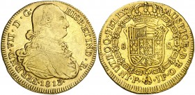 1813. Fernando VII. Popayán. JF. 8 escudos. (AC. 1815) (Cal.Onza 1287) (Restrepo 128-11a). 26,89 g. Sin punto entre IN y UTROQ. Parte de brillo origin...