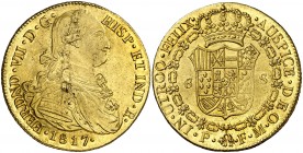 1817. Fernando VII. Popayán. FM. 8 escudos. (AC. 1821) (Cal.Onza 1298) (Restrepo 128-29). 26,94 g. Mínimas hojitas. Brillo original. Escasa así. EBC+/...