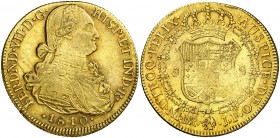 1810. Fernando VII. Santa Fe de Nuevo Reino. JF. 8 escudos. (AC. 1837) (Cal.Onza 1314) (Restrepo 127-8). 26,96 g. Bonito color. MBC/MBC+.