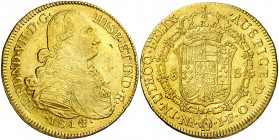 1814/3. Fernando VII. Santa Fe de Nuevo Reino. JF. 8 escudos. (AC. 1846) (Cal.Onza 1325) (Restrepo 127-16). 27 g. Golpecitos. MBC/MBC+.