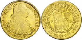 1819. Fernando VII. Santa Fe de Nuevo Reino. JF. 8 escudos. (AC. 1857) (Cal.Onza 1337) (Restrepo 127-32). 27 g. Golpecitos. MBC/MBC+.