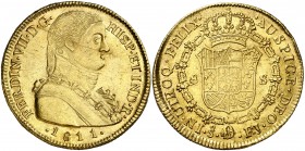 1811. Fernando VII. Santiago. FJ. 8 escudos. (AC. 1865) (Cal.Onza 1349). 27 g. Busto almirante. Sin punto entre ET e IND. Mínimas marquitas. Bella. Pa...