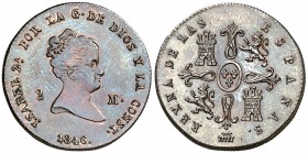 1846. Isabel II. Segovia. 2 maravedís. (Cal. 58). 3,19 g. Muy bella. Escasa así. S/C-.