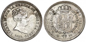 1838. Isabel II. Madrid. DG (Departamento de Grabado). 1 real. (AC. 291). 1,44 g. Manchitas. Parte de brillo original. Rara. EBC-.