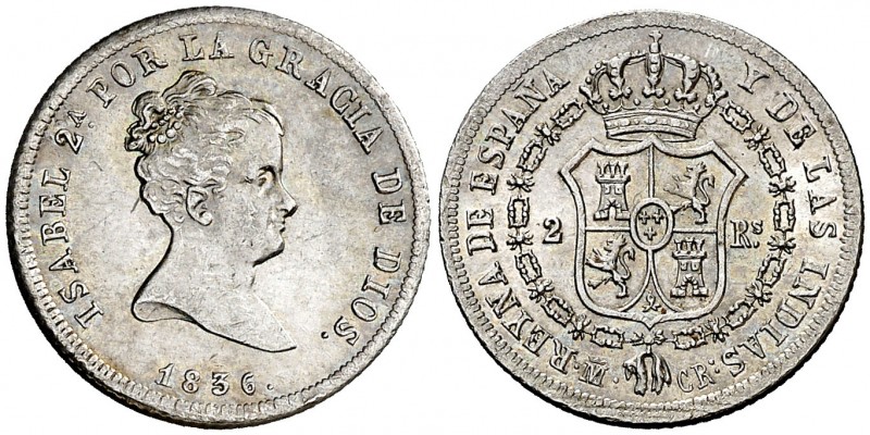 1836. Isabel II. Madrid. CR. 2 reales. (AC. 354). 3 g. Leves rayitas. Atractiva....