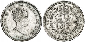 1836. Isabel II. Barcelona. PS. 4 reales. (Ac. 410). 5,76 g. Leves rayitas. Atractiva. Parte de brillo original. Escasa así. EBC-.