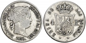 1858. Isabel II. Barcelona. 4 reales. (AC. 430). 4,96 g. Rayitas. Muy rara, sólo hemos tenido otros 2 ejemplares. (MBC-).
