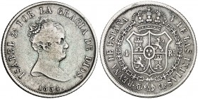1834. Isabel II. Madrid. CR. 4 reales. (AC. 441). 5,85 g. Rara, sólo hemos tenido 5 ejemplares. BC+/MBC-.