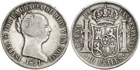 1851. Isabel II. Barcelona. 10 reales. (AC. 506). 12,94 g. Muy rara. MBC-.