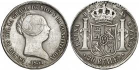 1851. Isabel II. Barcelona. 20 reales. (AC. 570). 25,91 g. Restos de soldadura en reverso. Rara. (MBC-).