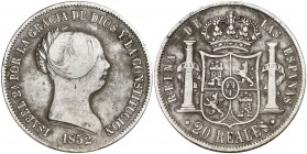 1852. Isabel II. Barcelona. 20 reales. (AC. 571). 26,04 g. Rara. MBC-.